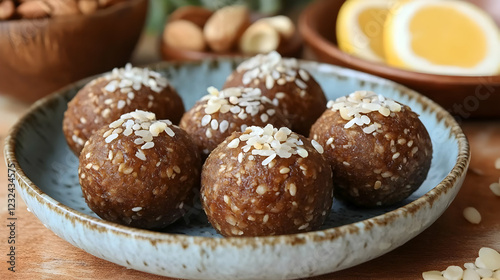 Delicious Homemade Energy Balls Coated with Sesame Seeds and Puffed Rice Rests Beautifully in a Bowl.