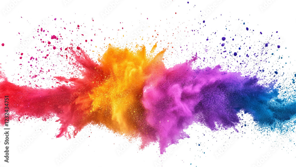 Colorful rainbow powder explosion on a transparent background. Explosive burst of vibrant rainbow colors.