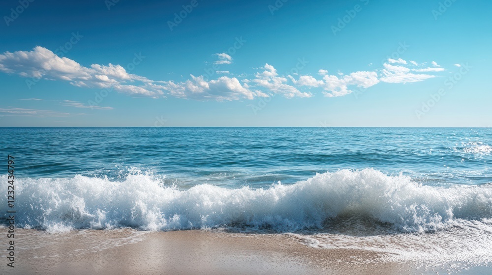Serene Coastal Landscape: Azure Ocean Waves Gently Crashing on a Sandy Shore Under a Sunny Sky Serene Coastal Landscape: Azure Ocean Waves Gently Crashing on a Sandy Shore Under a Sunny Sky