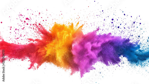 Colorful rainbow powder explosion on a transparent background. Explosive burst of vibrant rainbow colors.