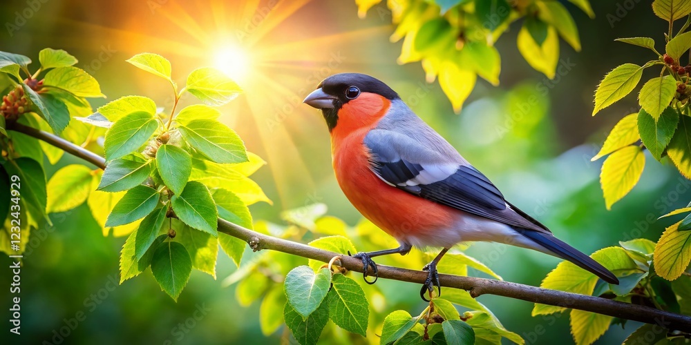 Aerial View of Bullfinch Perched on Branch in Lush Green Treetop Aerial View of Bullfinch Perched on Branch in Lush Green Treetop