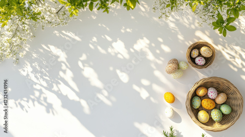 Easter eggs in baskets under dappled leaf shadows.