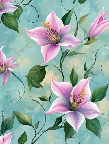 Elegant pink flowers on teal background.