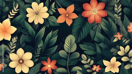 Colorful floral pattern with green foliage.