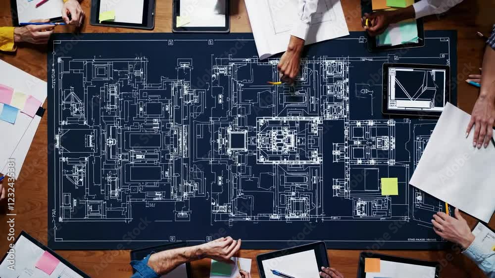 Creative brainstorming session around architectural blueprints in a modern workspace