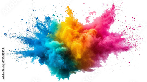 A burst of colorful powder creates a beautiful, vivid display against a bright white background, A photo of colorful bright rainbow holi paint color powder explosion isolated on white background.  photo