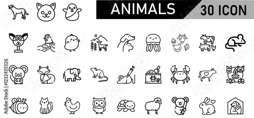Minimalist Animal Icon Pack | 30 Outline Vector Icons, Editable stroke. 