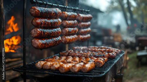 Grilled sausages cook over ...