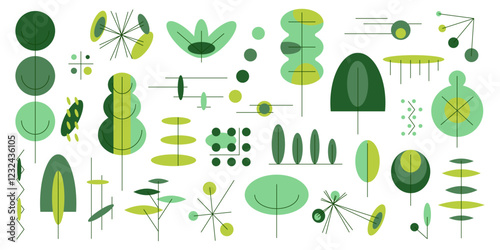 Set of bauhaus geometric trees and leaves, flat design element, natural botanical collection of abstract plants, decorative art, banner, wallpaper