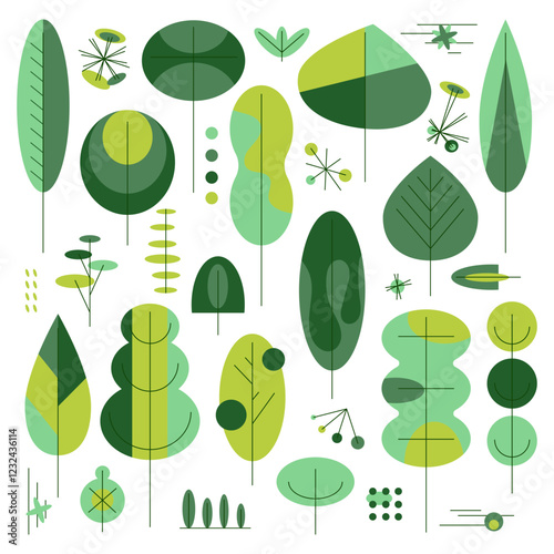 Set of bauhaus geometric trees and leaves, flat design element, natural botanical collection of abstract plants, decorative art, banner, wallpaper