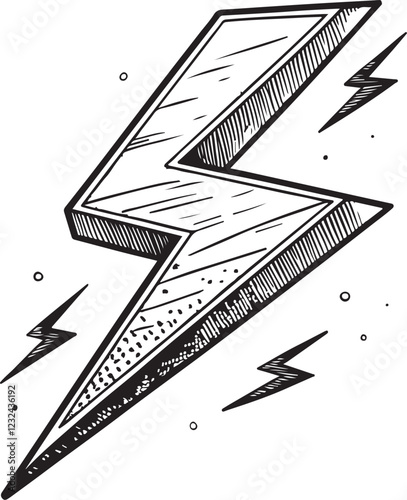 Lightning Bolt Electric Shock Sketch Drawing Linear Line Black and White Hand Drawn Vector Illustration, Isolated