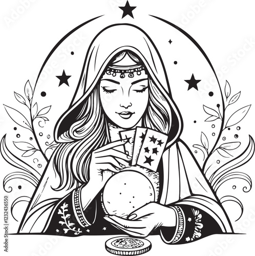 Fortune Teller Psychic Witch Sketch Drawing Engraving Line Art Black and White Linear Vector Illustration, Isolated