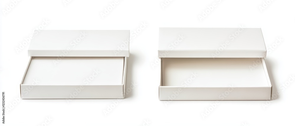 Two white boxes, one slightly smaller than the other, are shown open, displaying their empty interiors against a white background. Two white boxes, one slightly smaller than the other, are shown open, displaying their empty interiors against a white background.