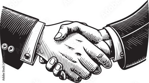 Handshake Business Deal Acquaintance Sketch Drawing Engraving Line Art Black and White Linear Vector Illustration, Isolated