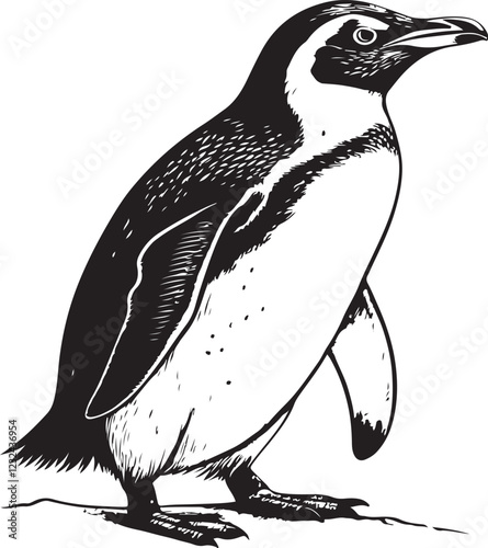 Penguin Arctic Bird Sketch Drawing Engraving Line Art Black and White Linear Vector Illustration, Isolated