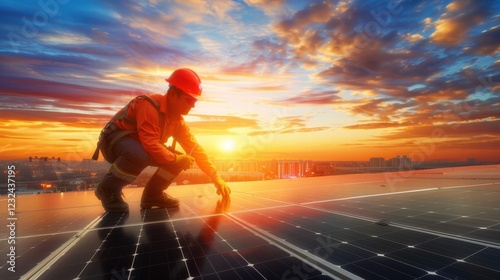 Solar panel technician inspecting photovoltaic modules at sunset on a rooftop