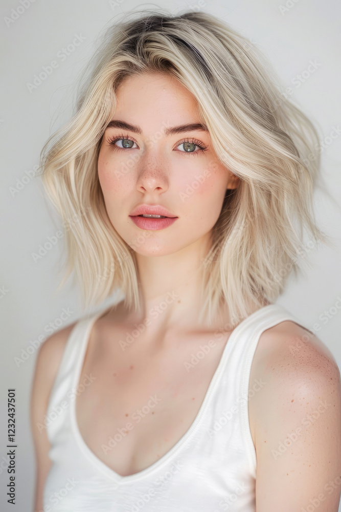 Fototapeta premium A beautiful young woman with short wavy blonde hair and natural makeup, wearing a white tank top. Lifestyle
