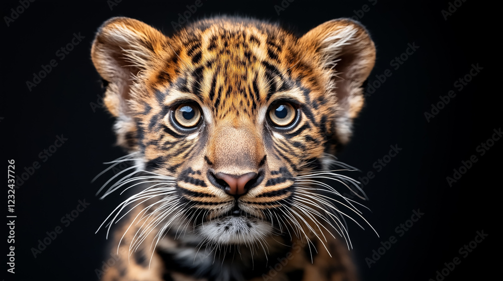 Obraz premium A striking close-up of a young jaguar cub, with bright eyes and distinctive spotted fur, set against a dark background