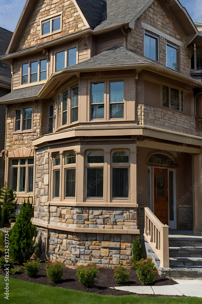 Fototapeta premium Luxury Stone House Exterior: Modern Architecture and Elegant Design. Real Estate, Residential Property, Home Facade, Classic Structure, Masonry Walls, Landscaping