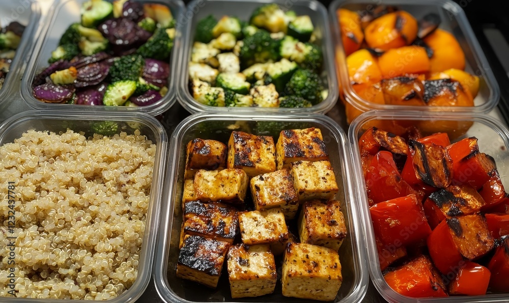 Prepared meals contain cooked grains, vegetables, and tofu. Prepared meals contain cooked grains, vegetables, and tofu.