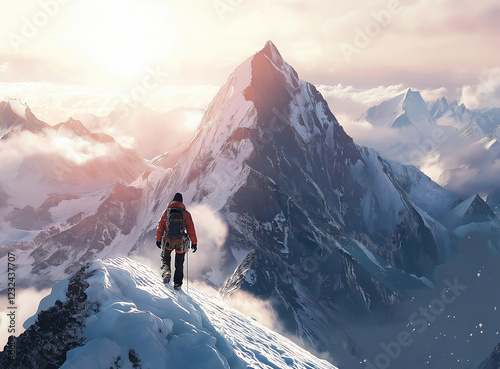 Wallpaper Mural A person in climbing gear stands at the top of an alpine mountain, gazing out over snowy peaks Torontodigital.ca