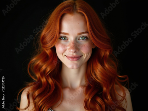 Mujer pelirroja con ojos verdes y pelo largo foto de estudio
