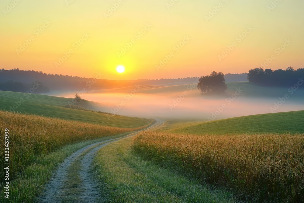 Sunrise over a serene countryside with fog rolling over the fields, casting a soft glow on the landscape as the day begins. Sunrise over a serene countryside with fog rolling over the fields, casting a soft glow on the landscape as the day begins.