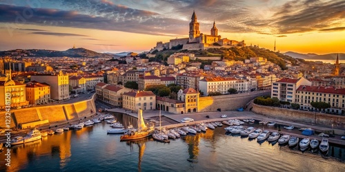 Aerial View of Marseille Old Port & Notre Dame de la Garde, France - High-Resolution Travel Photography photo