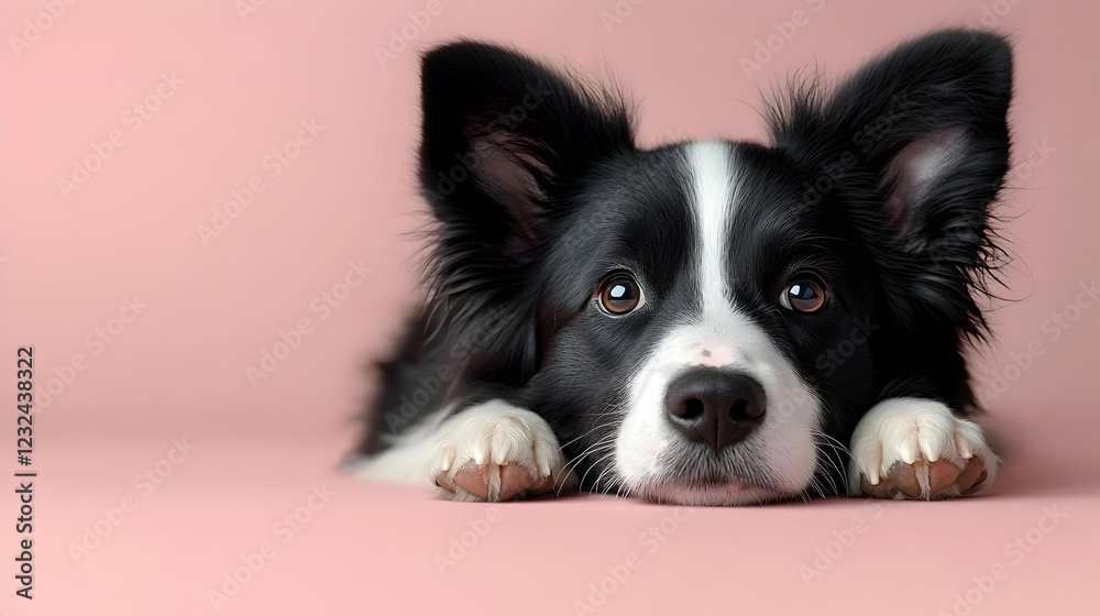 Adorable Dog Lies on Pink Background: A Portrait of Canine Charm and Gentle Curiosity. Adorable Dog Lies on Pink Background: A Portrait of Canine Charm and Gentle Curiosity.