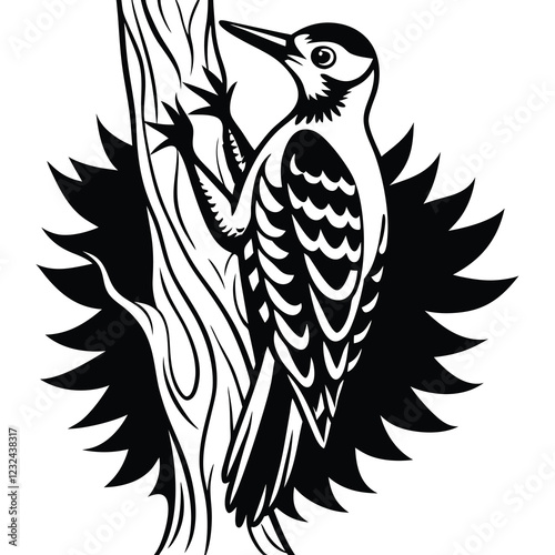 Bird of prey perched on branch vector illustration in tribal tattoo style with feathers and wings in black silhouette design