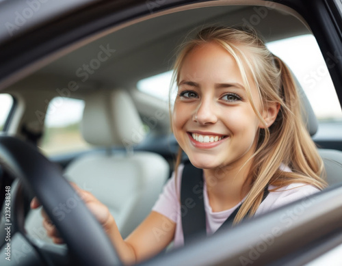 Mujer adolescente conduciendo un coche
 photo