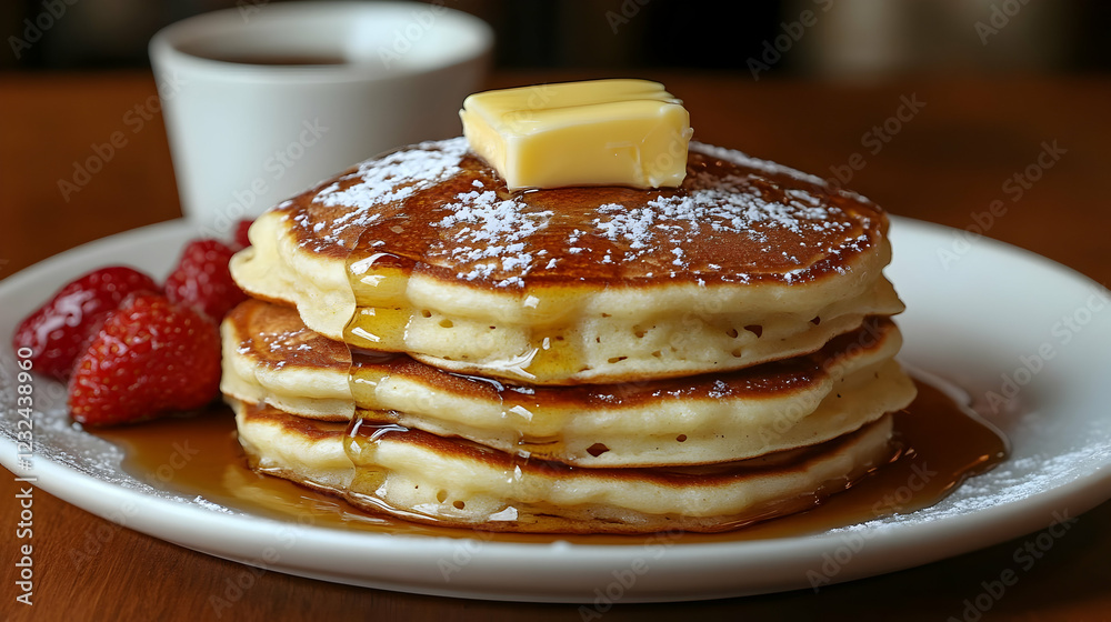 Stack of Pancakes with Butter, Syrup, and Powdered Sugar graces a white plate with fresh strawberries. Stack of Pancakes with Butter, Syrup, and Powdered Sugar graces a white plate with fresh strawberries.