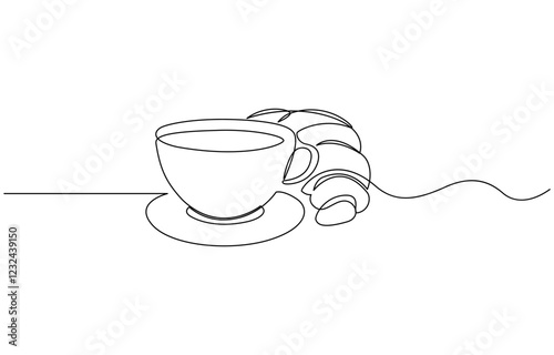 Coffee cup and croissant continuous line drawing. Vector illustration isolated on white, Breakfast icon line continuous drawing vector. One line Coffee with a croissant icon vector.