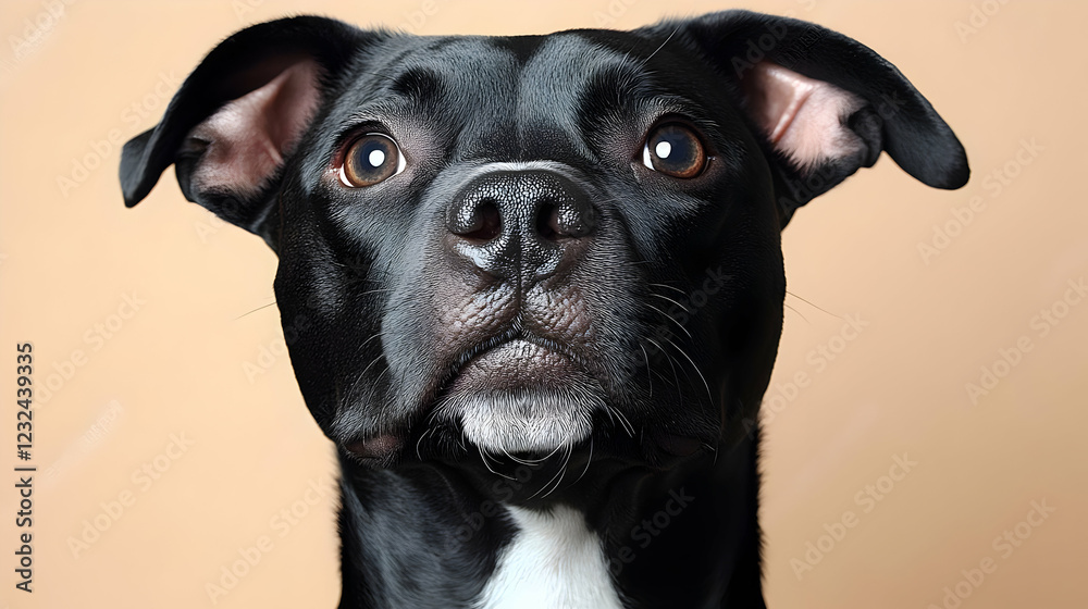 Black and White Dog Stares Intently with Large Eyes on Beige Background Black and White Dog Stares Intently with Large Eyes on Beige Background