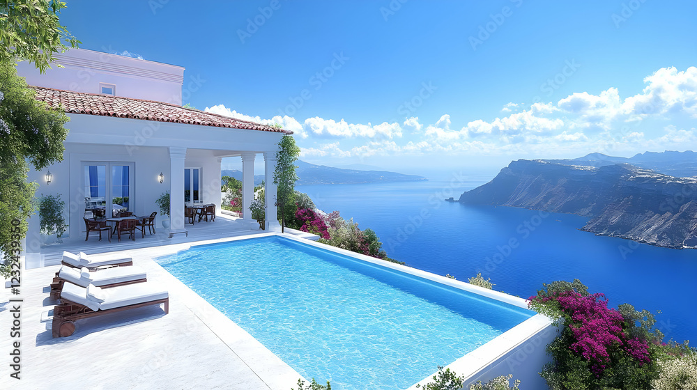 Fototapeta premium Luxury villa with infinity pool overlooks a stunning ocean view with distant mountains beautifully.