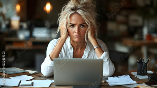 Stressed Woman Holds Head a...