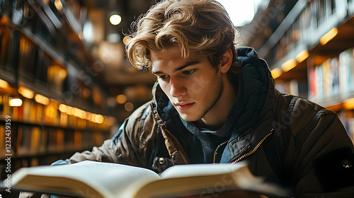 Young Man Reads Book in Lib...