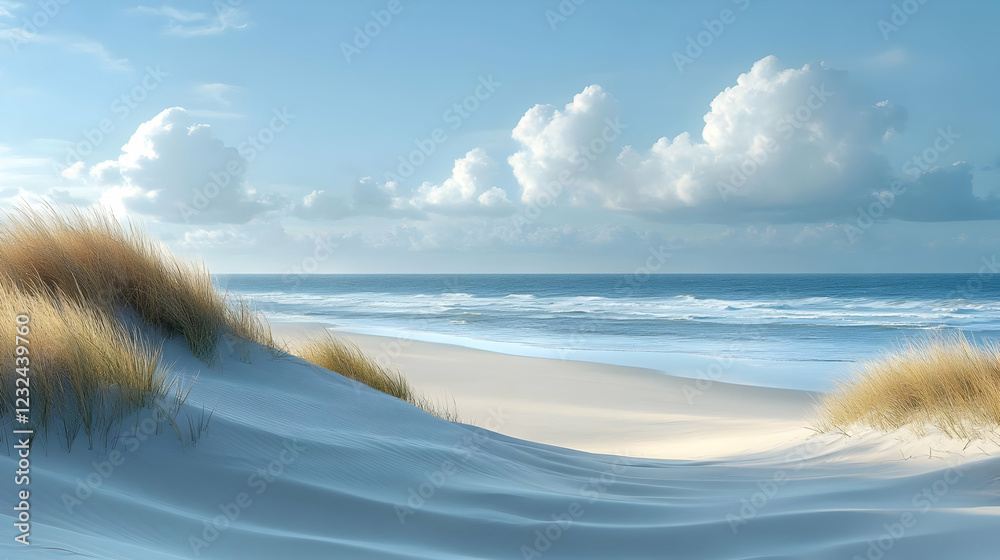 Serene Beach Landscape with Rolling White Sand Dunes and Coastal Grasses under a Blue Sky Serene Beach Landscape with Rolling White Sand Dunes and Coastal Grasses under a Blue Sky