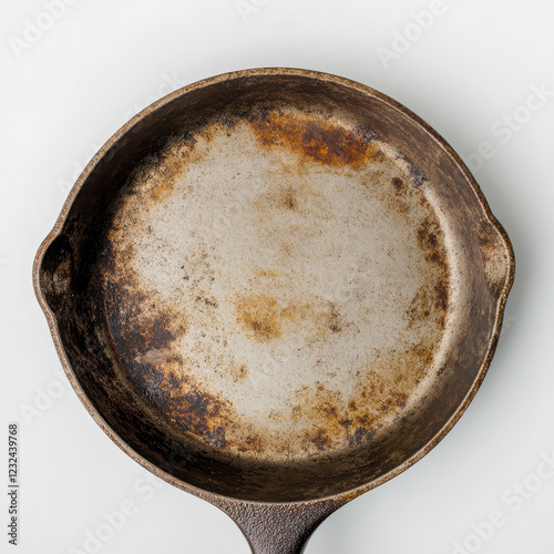 Old cast iron frying pan showing signs of wear and tear on white background photo