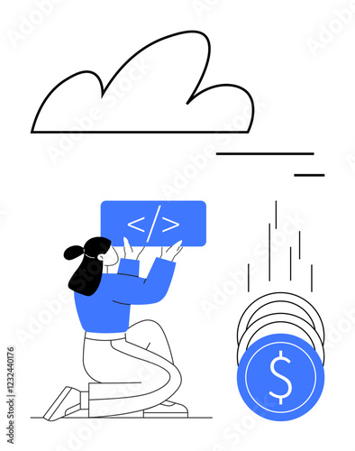 Developer holding a code snippet generating falling coins. Ideal for cloud computing, coding, programming, financial technology, income generation, software development, investment. Line metaphor photo