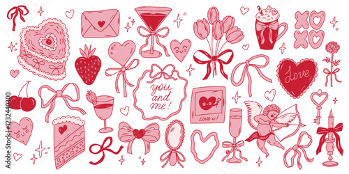 Cute romantic doodles featuring hearts, flowers, and love symbols for celebration of affection