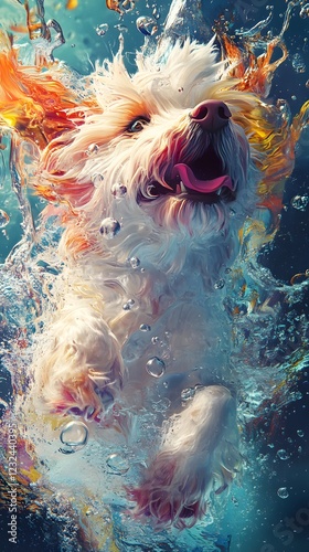 Humorous Pixarstyle scene featuring a fluffy longhaired dog diving headfirst into the water creating a massive splash with air bubbles escaping from its nose and mouth in vibrant colors