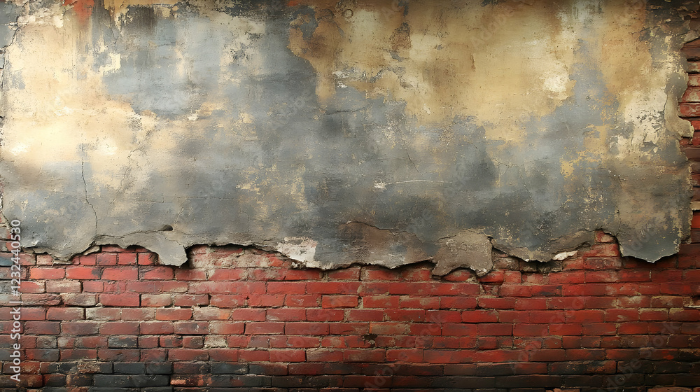 Obraz premium Old Damaged Wall Reveals Red Bricks Underneath Crumbling Plaster Texture