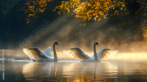 Two Elegant Swans Spread Wi...