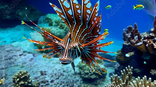 Vibrant Lionfish Swimming Near Coral Reef in Crystal Clear Tropical Ocean with Small Fish and Marine Life

 photo