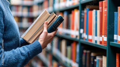 A person holds books in a library, surrounded by colorful shelves filled with various titles, suggesting a love for reading and knowledge. photo