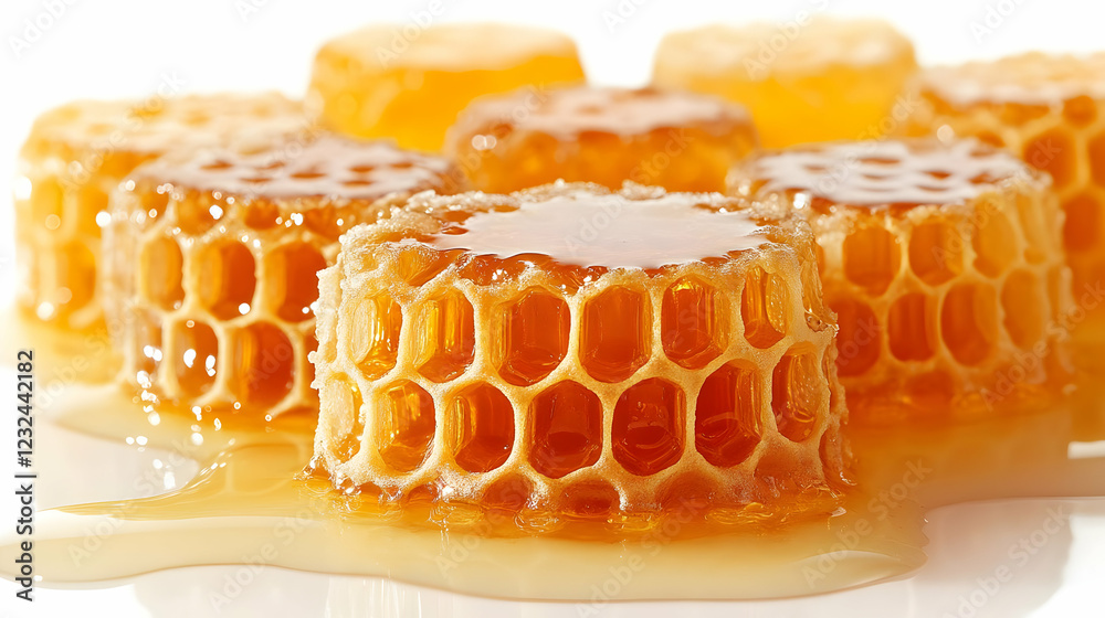 Fresh Honeycomb Pieces Dripping with Golden Honey on White Background Fresh Honeycomb Pieces Dripping with Golden Honey on White Background
