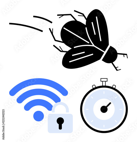 A black bug blue wireless symbol with white padlock light blue stopwatch. Ideal for cybersecurity, technology, speed, software bugs, wireless security, time management, electronics. Line metaphor