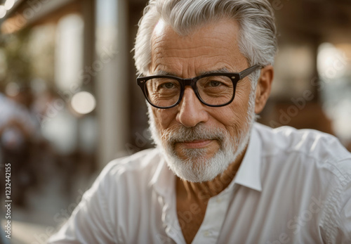 A close-up portrait of an elderly man with a friendly expression, his silver hair framing his kind eyes, reflecting wisdom and warmth. He wears a white shirt and black rimmed glasses photo