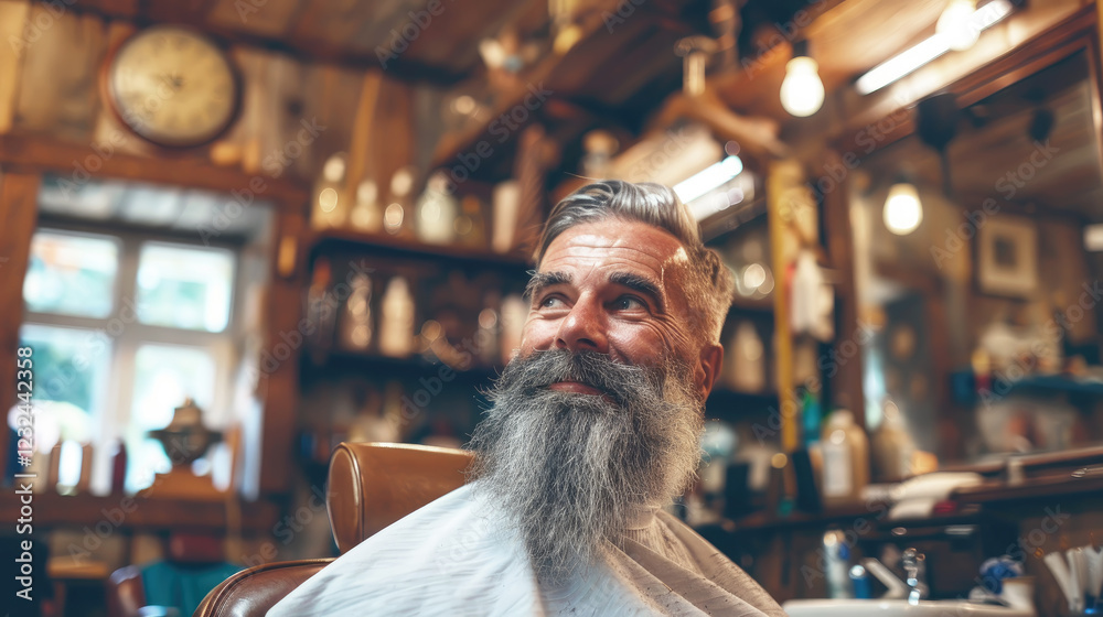 A mature man with a stylish beard in a vintage barbershop, enjoying a grooming session in a cozy and classic setting. A mature man with a stylish beard in a vintage barbershop, enjoying a grooming session in a cozy and classic setting.